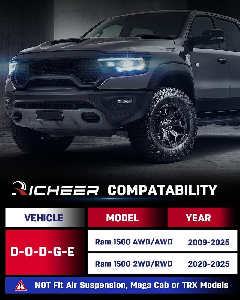 Richeer 3" Front and 2" Rear Leveling Lift Kits for 2009-2025 Ram 1500 4X4 4WD/AWD,2020-2025 Ram 1500 2WD/RWD, 3 Inch Front Strut Spacers and 2 Inch Rear Lift Spacer for 2009-2025 Ram 1500 Lift Kits - Image 2